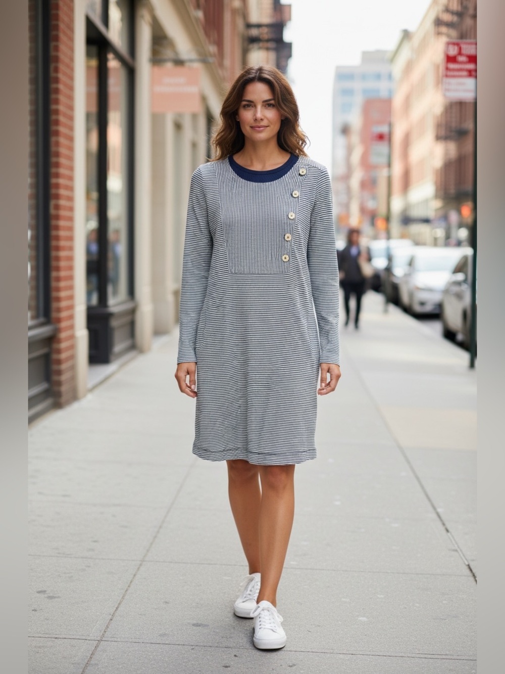 Denham Jeans Navy & White Striped Long-Sleeve Tunic with Button Detail